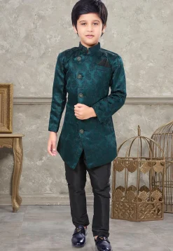 Woven Art Silk Jacquard Sherwani in Teal Green