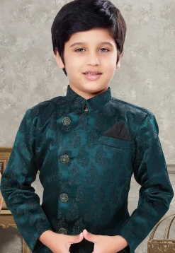 Woven Art Silk Jacquard Sherwani in Teal Green