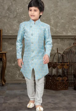 Woven Art Silk Jacquard Sherwani in Sky Blue