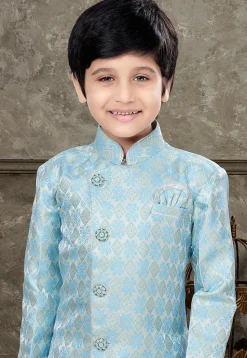 Woven Art Silk Jacquard Sherwani in Sky Blue