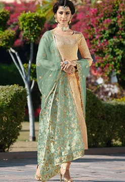 Woven Art Silk Jacquard Straight Suit in Beige