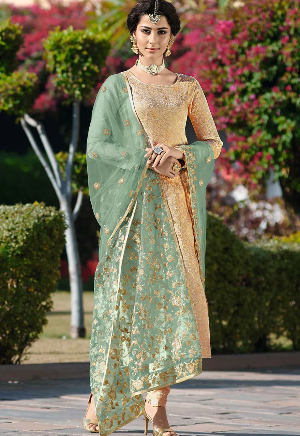Woven Art Silk Jacquard Straight Suit in Beige