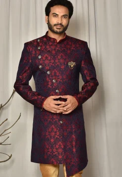 Woven Art Silk Jacquard Sherwani in Navy Blue and Maroon