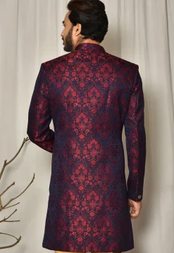 Woven Art Silk Jacquard Sherwani in Navy Blue and Maroon