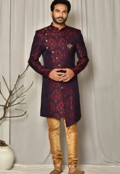 Woven Art Silk Jacquard Sherwani in Navy Blue and Maroon