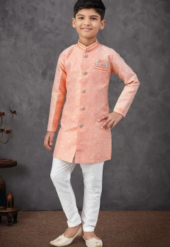 Woven Art Silk Jacquard Sherwani in Orange