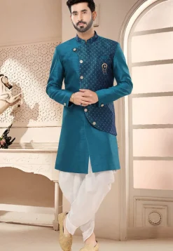 Woven Art Silk Jacquard Sherwani in Teal Blue
