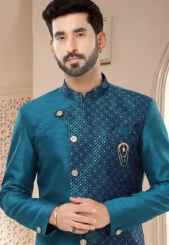 Woven Art Silk Jacquard Sherwani in Teal Blue