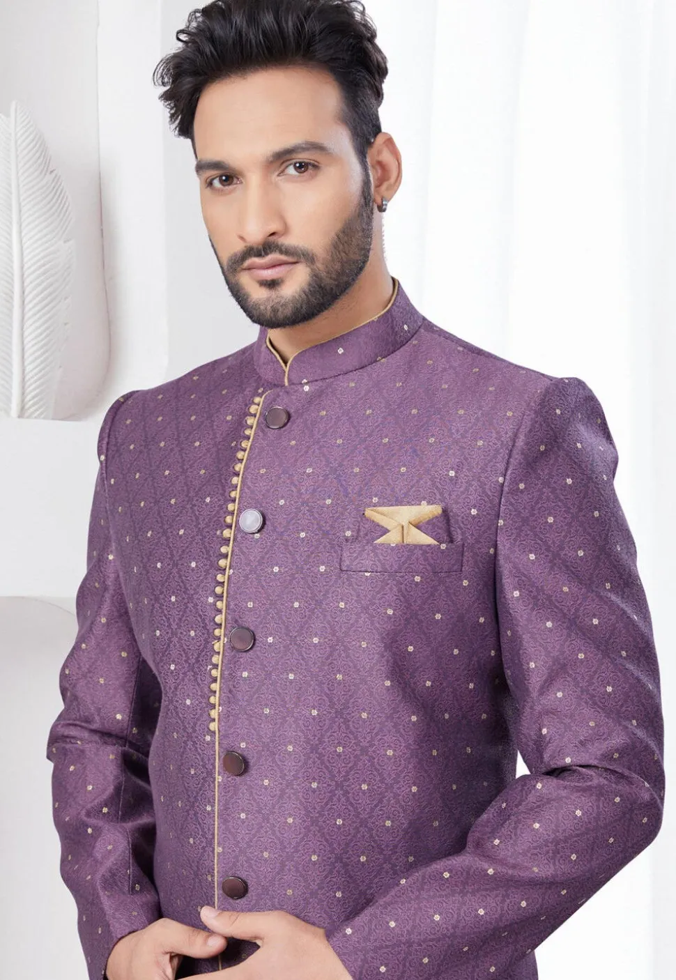Woven Art Silk Jacquard Sherwani in Purple
