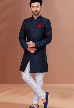 Woven Art Silk Jacquard Sherwani in Navy Blue