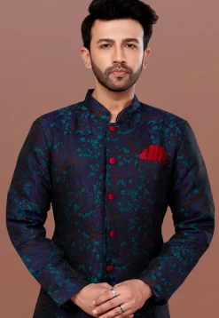 Woven Art Silk Jacquard Sherwani in Navy Blue