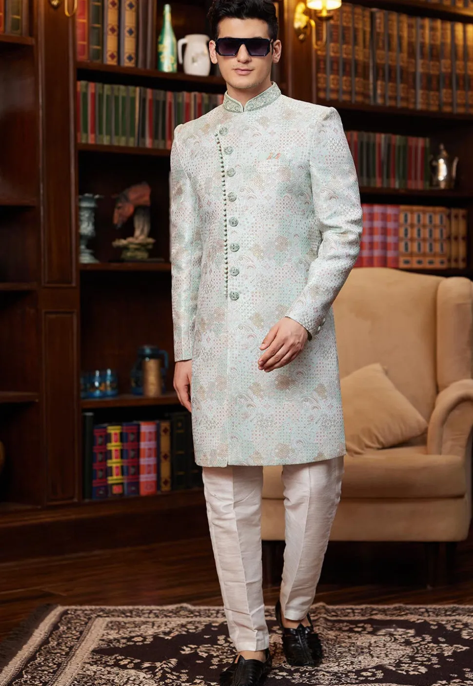 Woven Art Silk Jacquard Sherwani in Sea Green