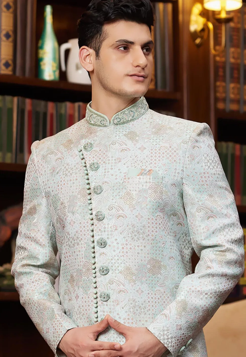 Woven Art Silk Jacquard Sherwani in Sea Green