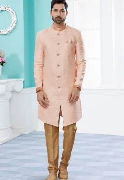 Woven Art Silk Jacquard Sherwani in Peach