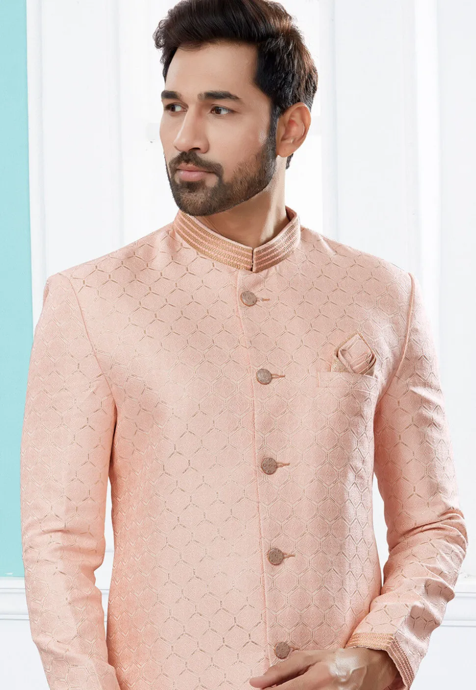 Woven Art Silk Jacquard Sherwani in Peach