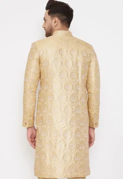 Woven Art Silk Jacquard Sherwani in Beige