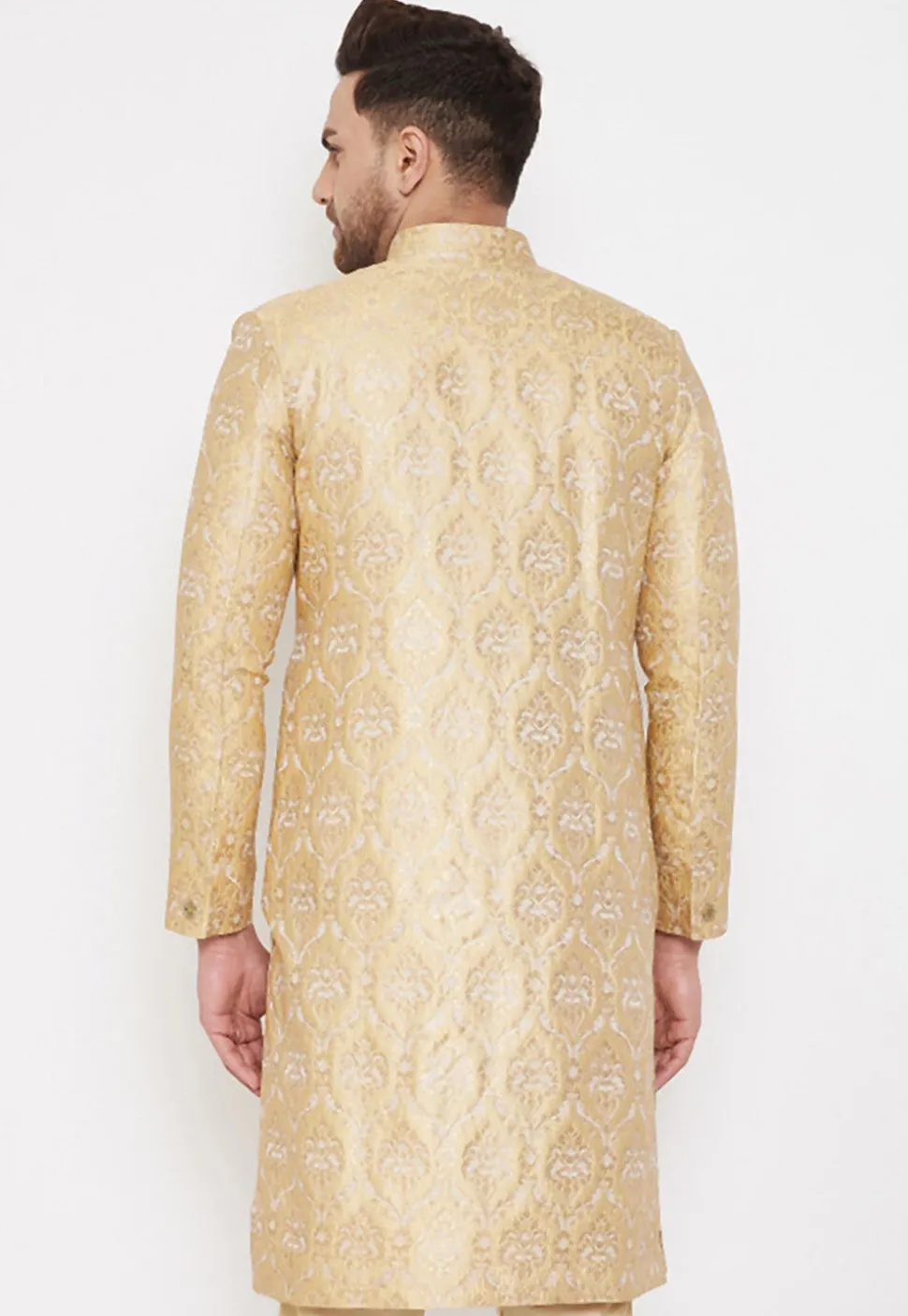 Woven Art Silk Jacquard Sherwani in Beige