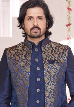 Woven Art Silk Jacquard Sherwani in Navy Blue