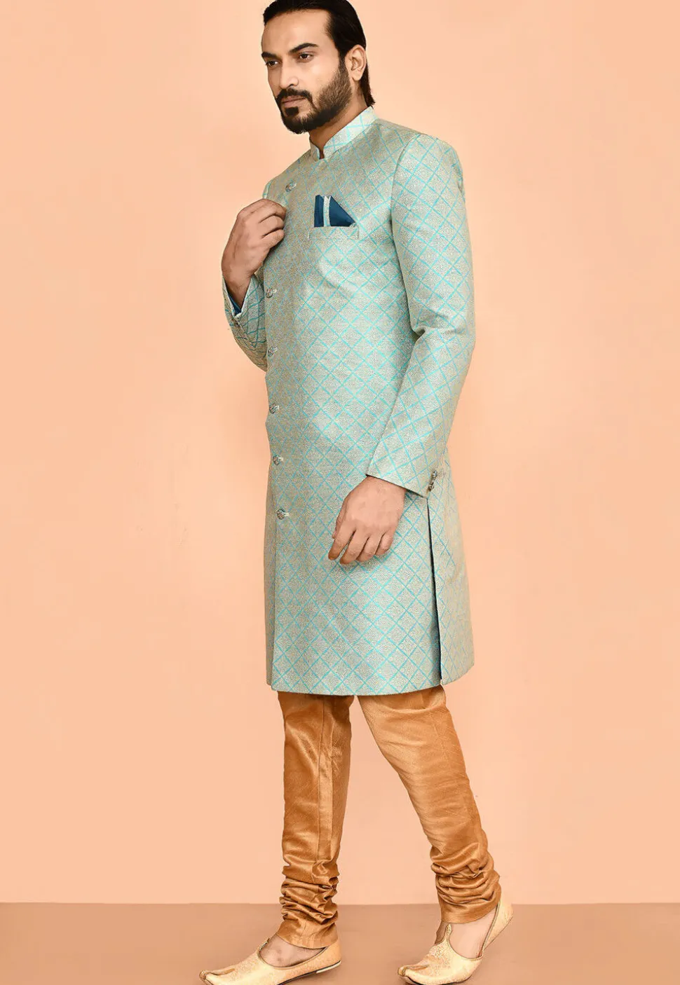 Woven Art Silk Jacquard Sherwani in Teal Blue