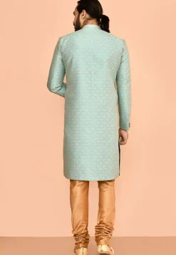 Woven Art Silk Jacquard Sherwani in Teal Blue