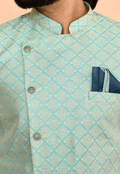 Woven Art Silk Jacquard Sherwani in Teal Blue