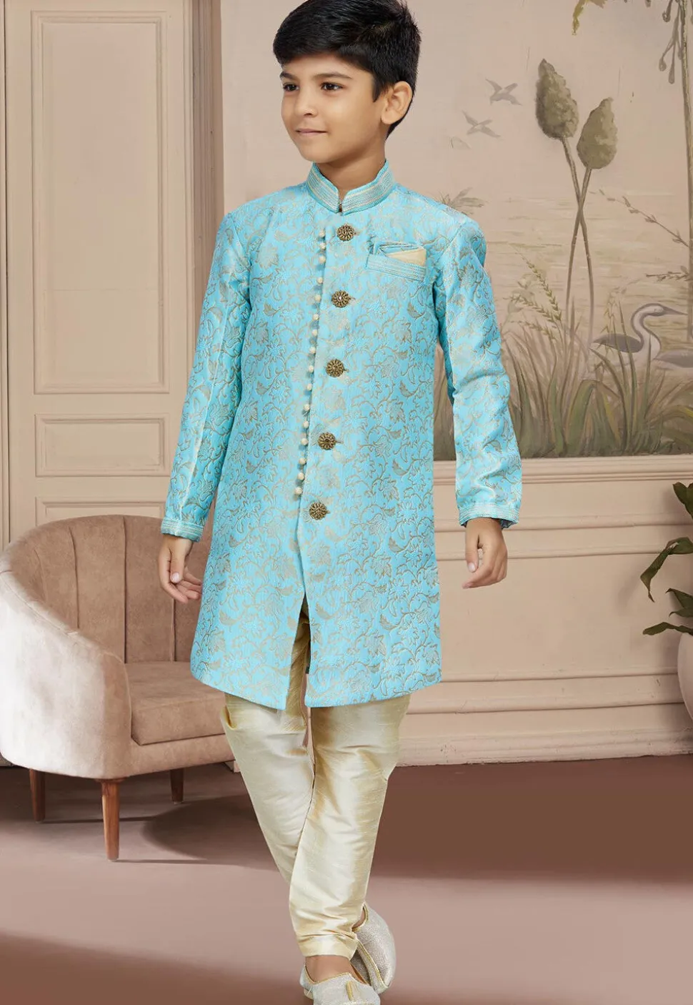 Woven Art Silk Jacquard Sherwani in Sky Blue