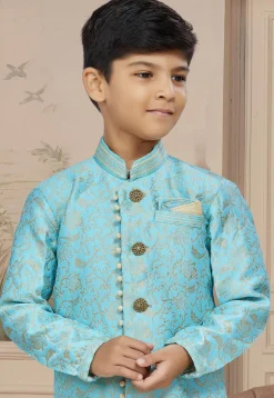 Woven Art Silk Jacquard Sherwani in Sky Blue
