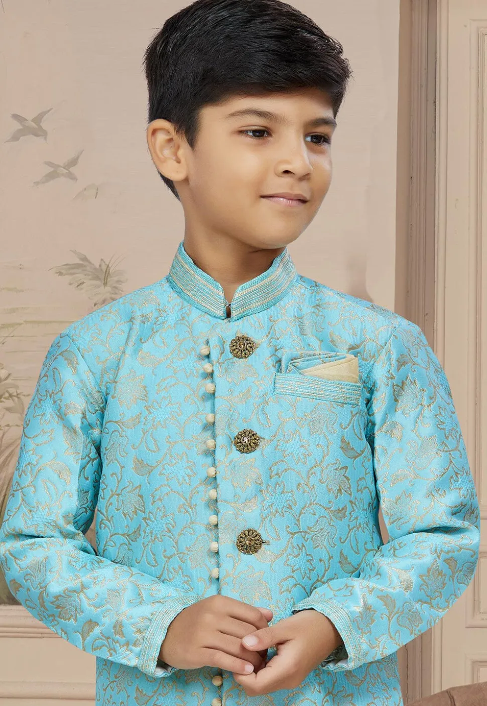 Woven Art Silk Jacquard Sherwani in Sky Blue