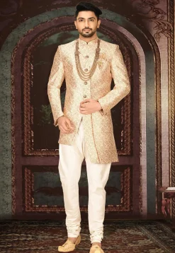 Woven Art Silk Jacquard Sherwani in Beige