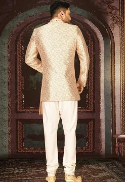 Woven Art Silk Jacquard Sherwani in Beige