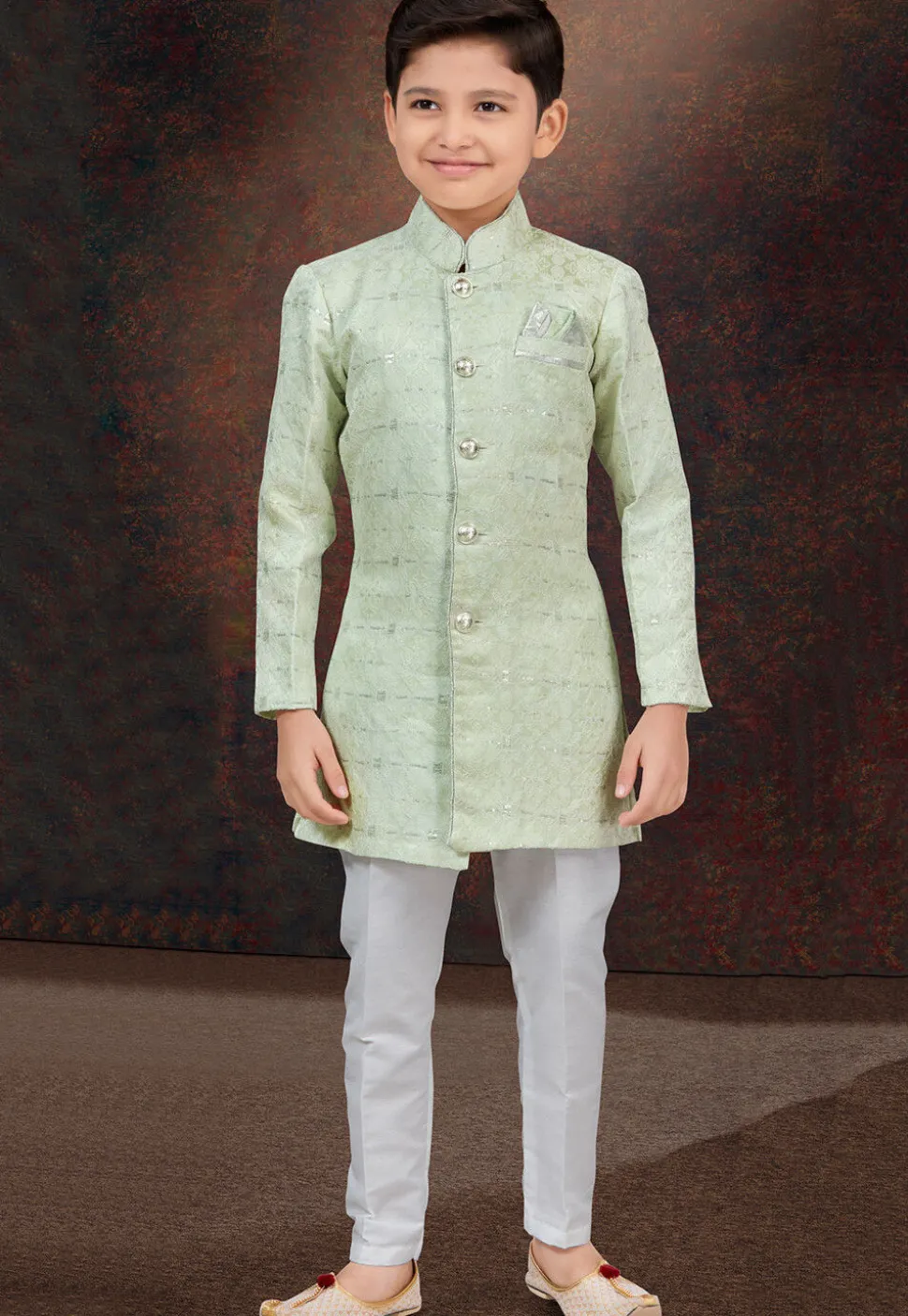 Woven Art Silk Jacquard Sherwani in Light Green