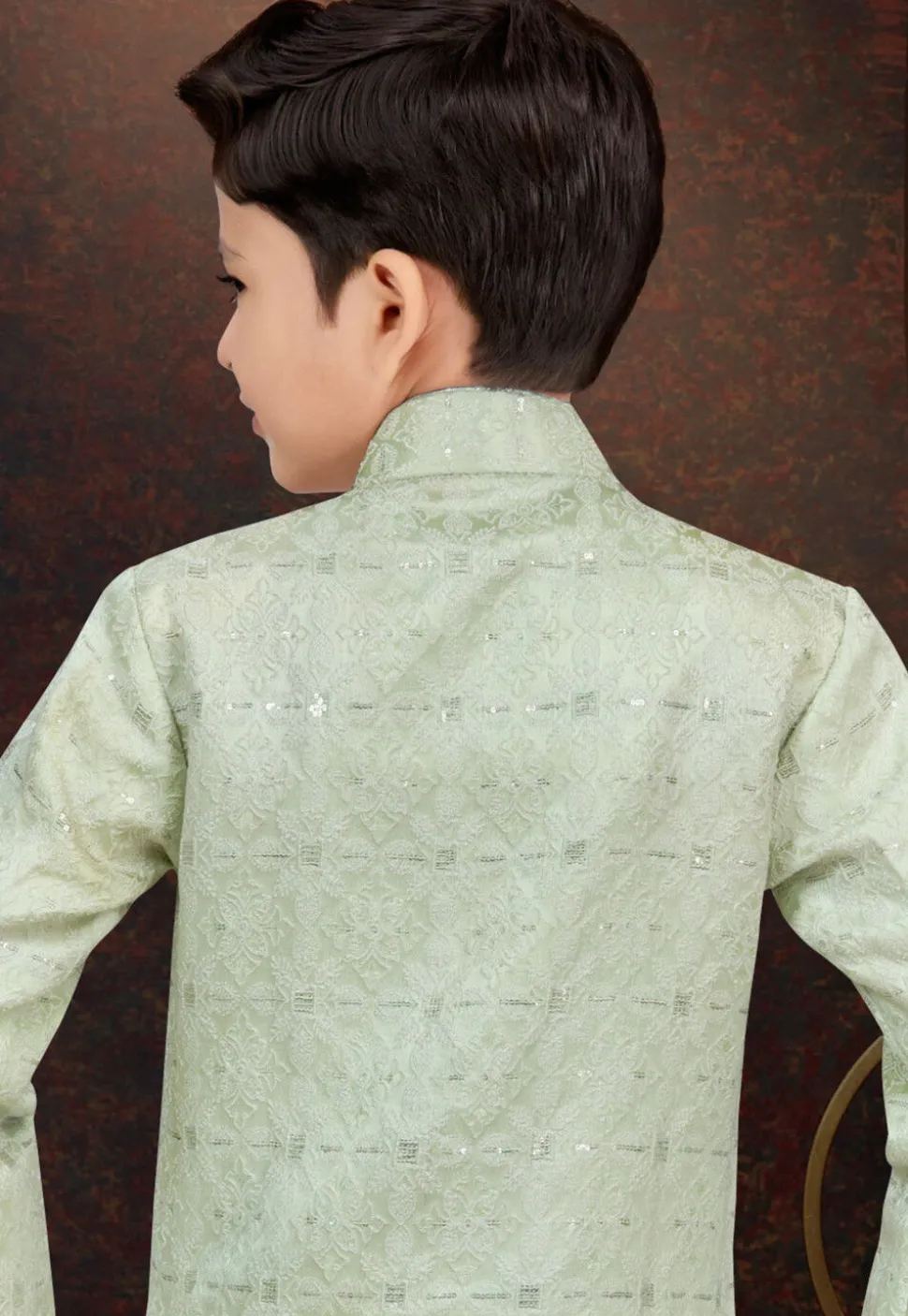 Woven Art Silk Jacquard Sherwani in Light Green