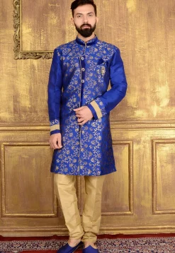 Woven Art Silk Jacquard Sherwani in Blue