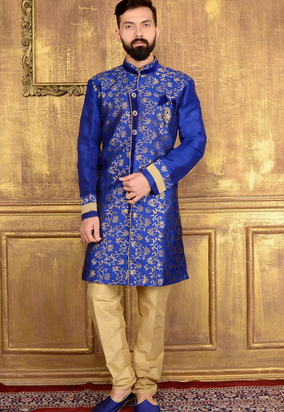 Woven Art Silk Jacquard Sherwani in Blue