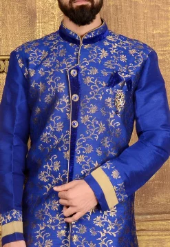 Woven Art Silk Jacquard Sherwani in Blue