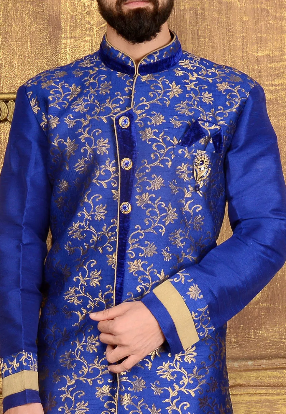 Woven Art Silk Jacquard Sherwani in Blue