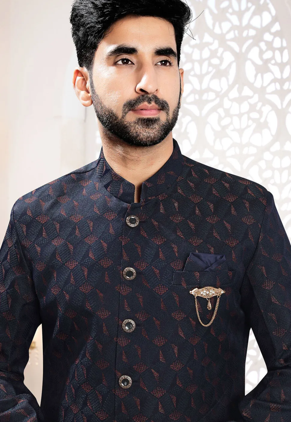 Woven Art Silk Jacquard Sherwani in Navy Blue