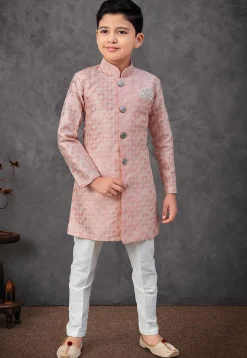 Woven Art Silk Jacquard Sherwani in Peach