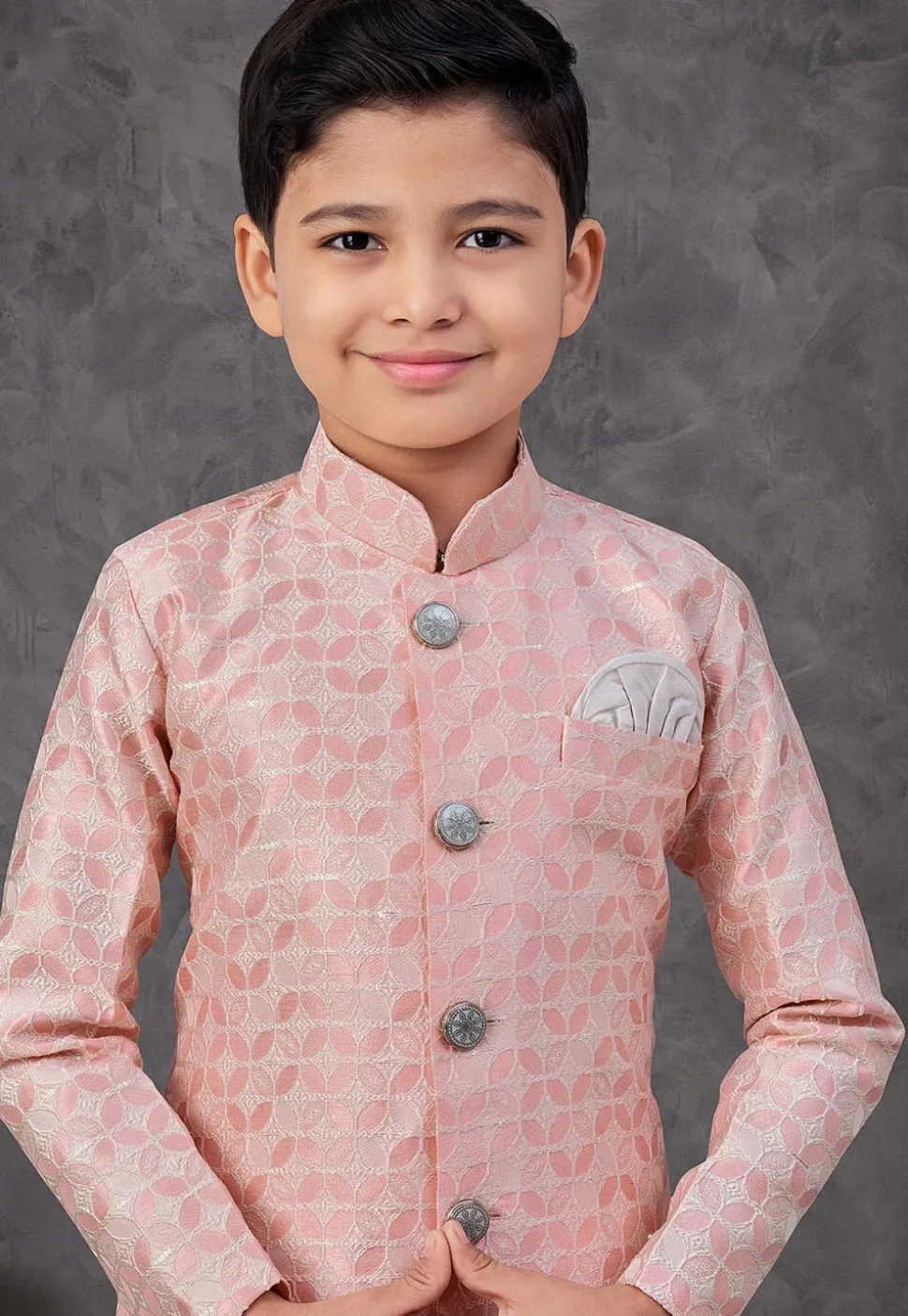Woven Art Silk Jacquard Sherwani in Peach