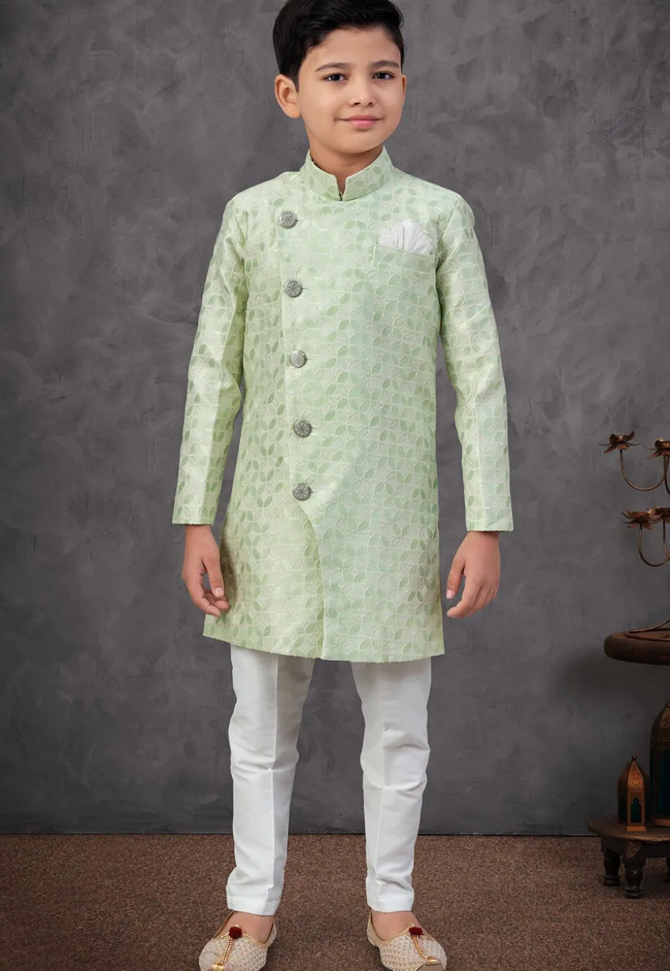 Woven Art Silk Jacquard Sherwani in Light Green