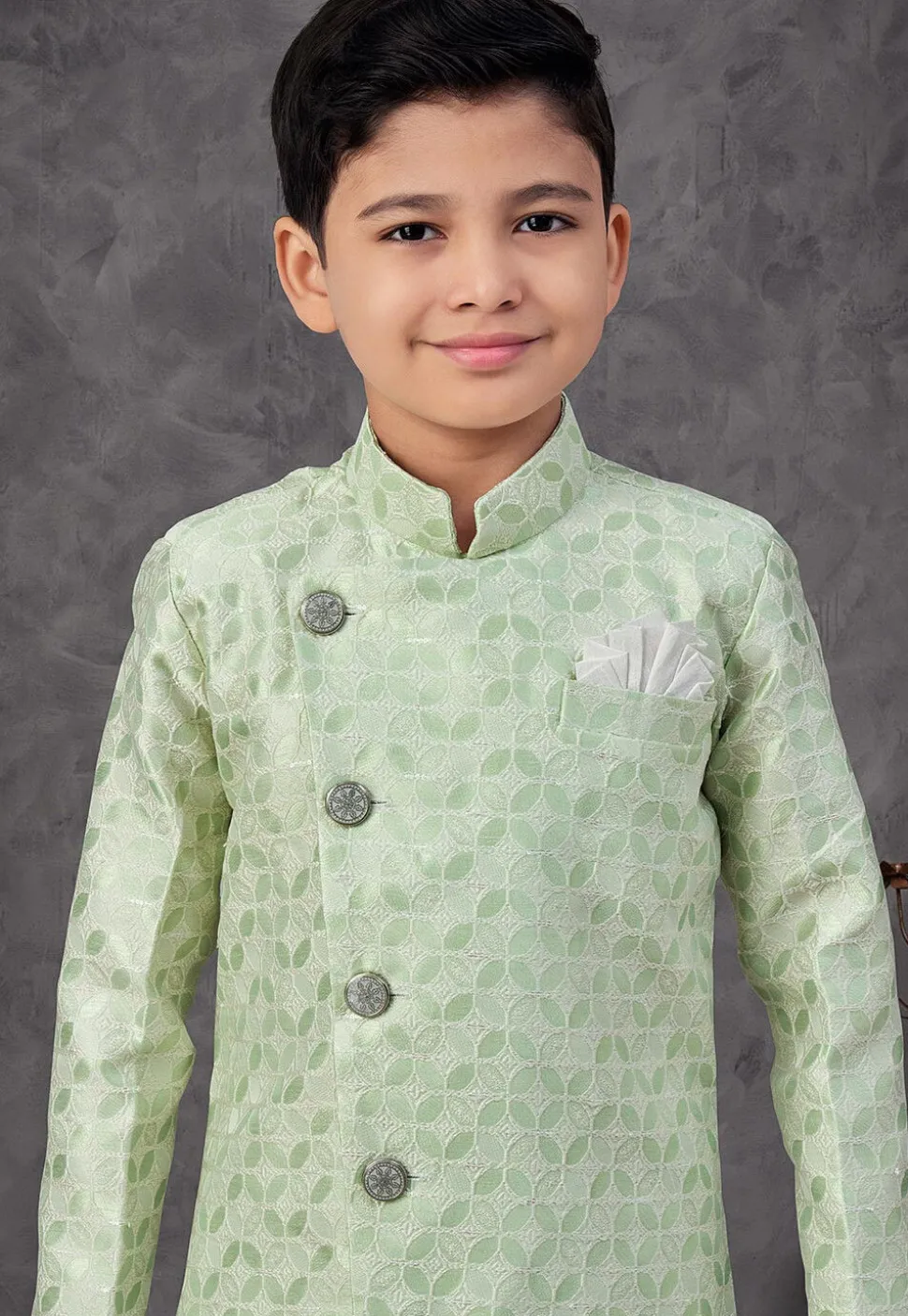 Woven Art Silk Jacquard Sherwani in Light Green