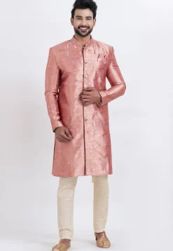 Woven Art Silk Jacquard Sherwani in Pink