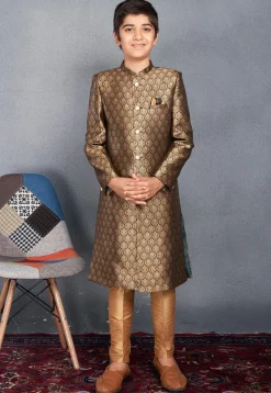 Woven Art Silk Jacquard Sherwani in Dark Green and Golden
