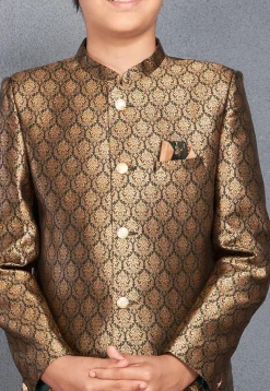 Woven Art Silk Jacquard Sherwani in Dark Green and Golden