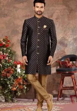 Woven Art Silk Jacquard Sherwani in Navy Blue
