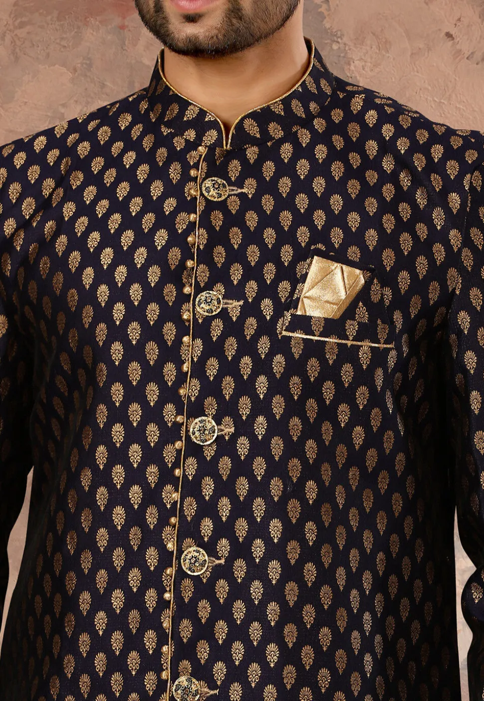 Woven Art Silk Jacquard Sherwani in Navy Blue