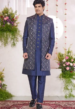 Woven Art Silk Jacquard Sherwani in Navy Blue