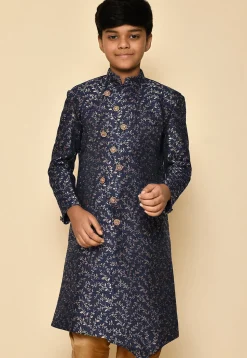 Woven Art Silk Jacquard Sherwani in Navy Blue