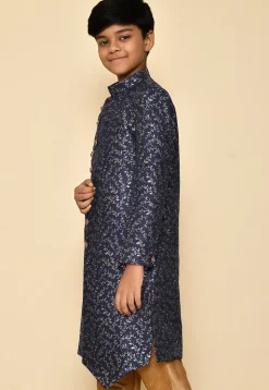 Woven Art Silk Jacquard Sherwani in Navy Blue