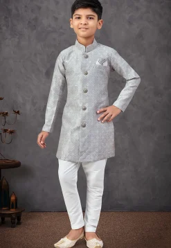 Woven Art Silk Jacquard Sherwani in Grey